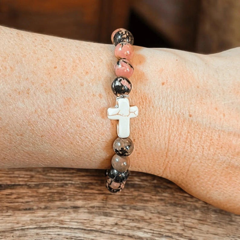Rhodonite Pink Zebra Beaded Cross Stretch bracelet - - LadybugfeetDesigns -