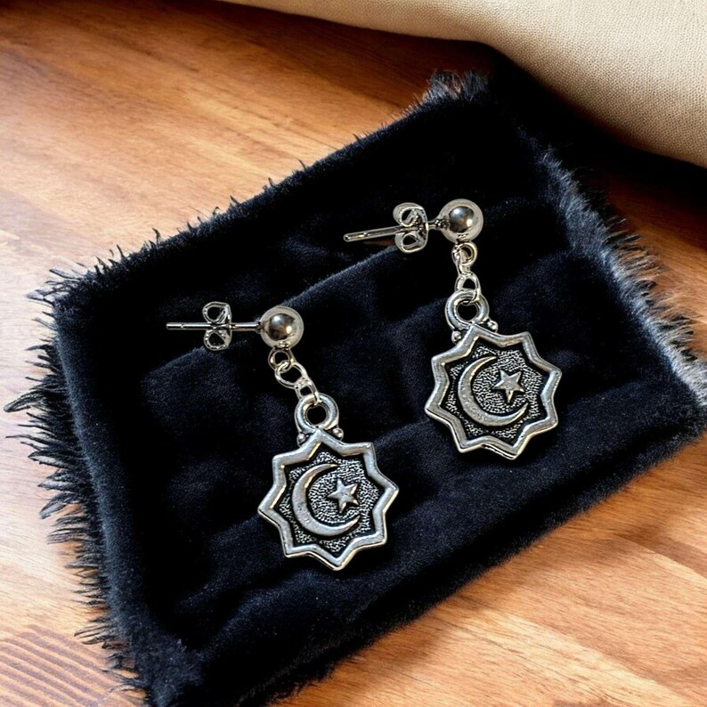 Crescent Moon/Star Charm Drop Stud Earrings-Silver - - LadybugfeetDesigns -