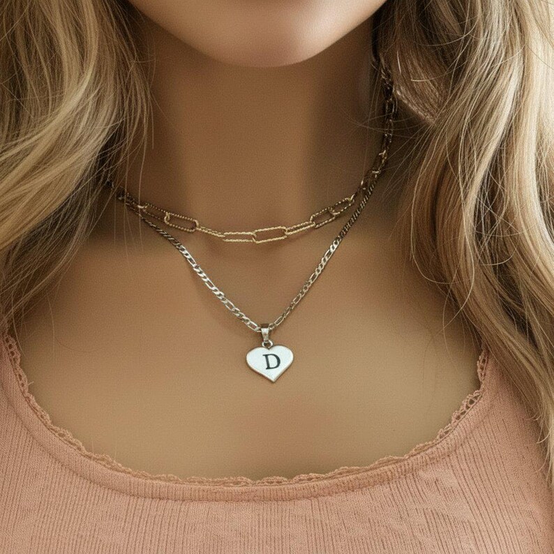 Two-Tone Paperclip & Initial Necklace Set - - LadybugfeetDesigns -