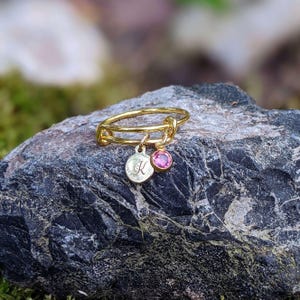 Gold Expandable Initial & Birthstone Charm Ring,Gift for her - - LadybugfeetDesigns -