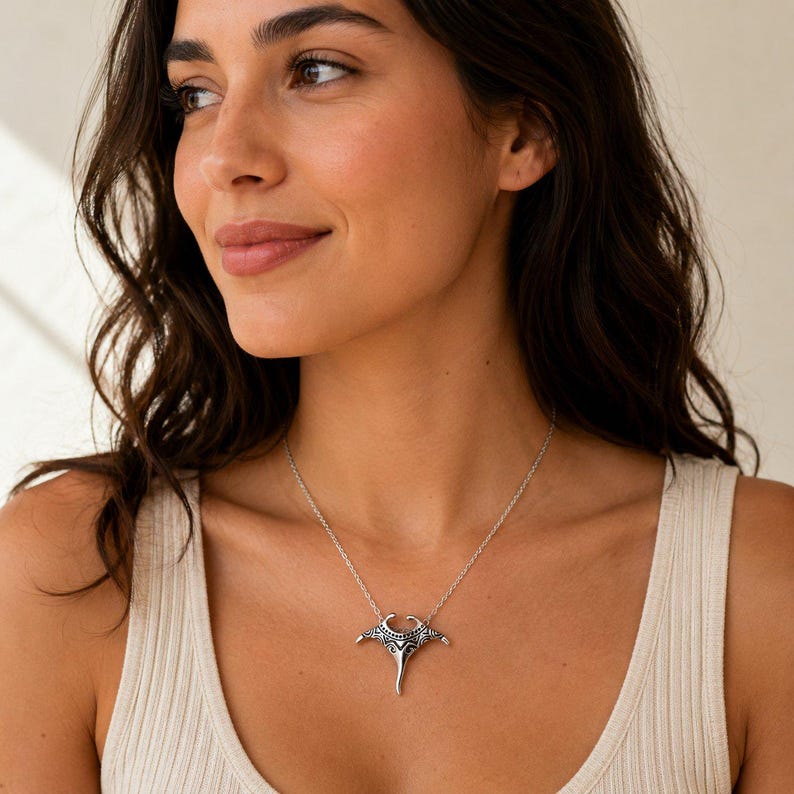 Large Manta Ray Necklace, Silver - 18 inches - - LadybugfeetDesigns -