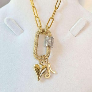 Gold Initial Heart Carabiner Necklace - 20 inch - - LadybugfeetDesigns -