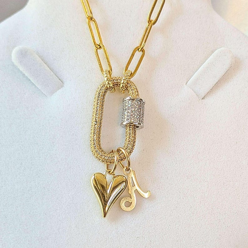 Gold Initial Heart Carabiner Necklace - 20 inch - - LadybugfeetDesigns -