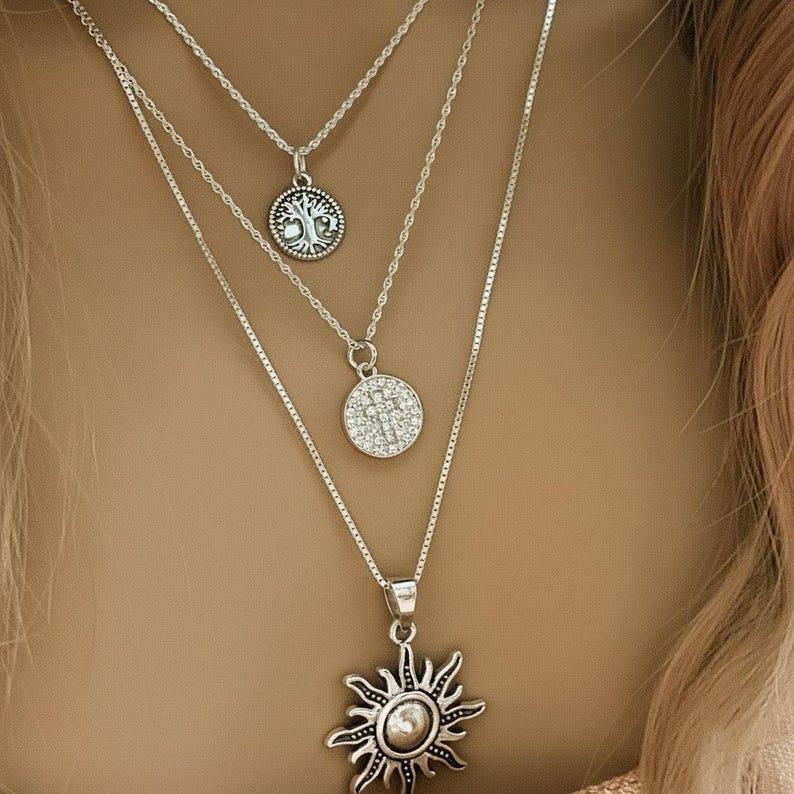 Energy, Power, Positivity Layered Necklace Set, Silver - - LadybugfeetDesigns -