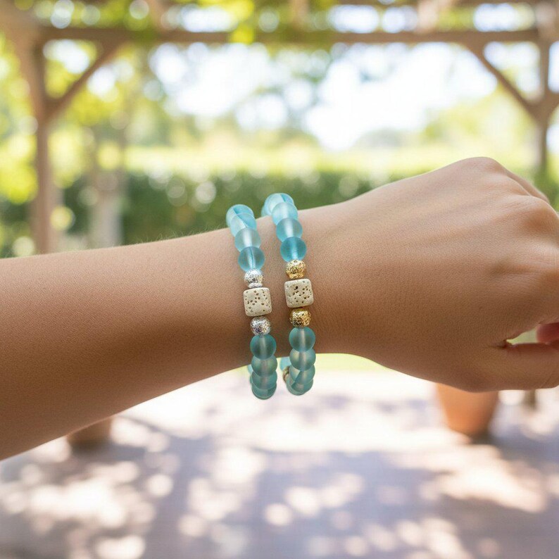 Iridescent Blue Mystic Aura Quartz Gemstone Diffuser bracelet - - LadybugfeetDesigns -