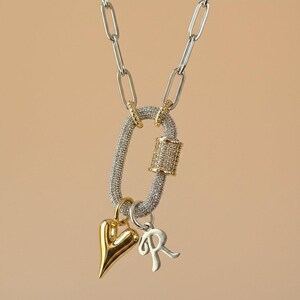 Silver Initial Heart Carabiner Necklace - 20 inch - - LadybugfeetDesigns -
