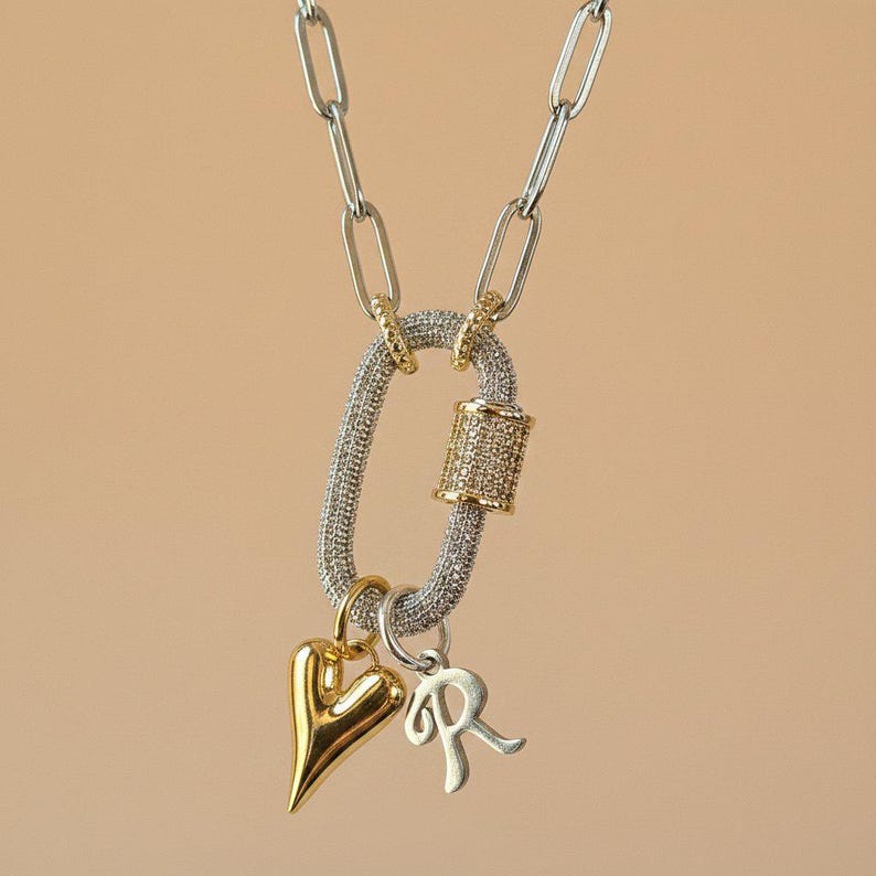 Silver Initial Heart Carabiner Necklace - 20 inch - - LadybugfeetDesigns -