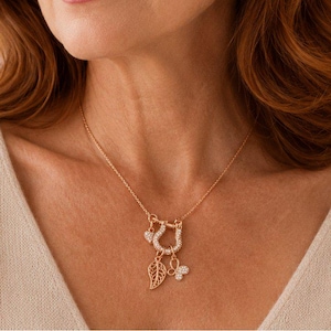 Leaf Butterfly Shackle Clasp Carabiner Charm Necklace, Rose-Gold - Adjustable up to 24 inches - - LadybugfeetDesigns -