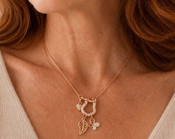 Leaf Butterfly Shackle Clasp Carabiner Charm Necklace, Rose-Gold - Adjustable up to 24 inches