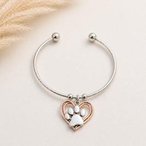 Paw Heart Euro Bangle Cuff, Silver - - LadybugfeetDesigns -
