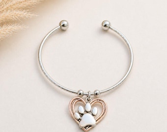 Paw Heart Euro Bangle Cuff, Silver