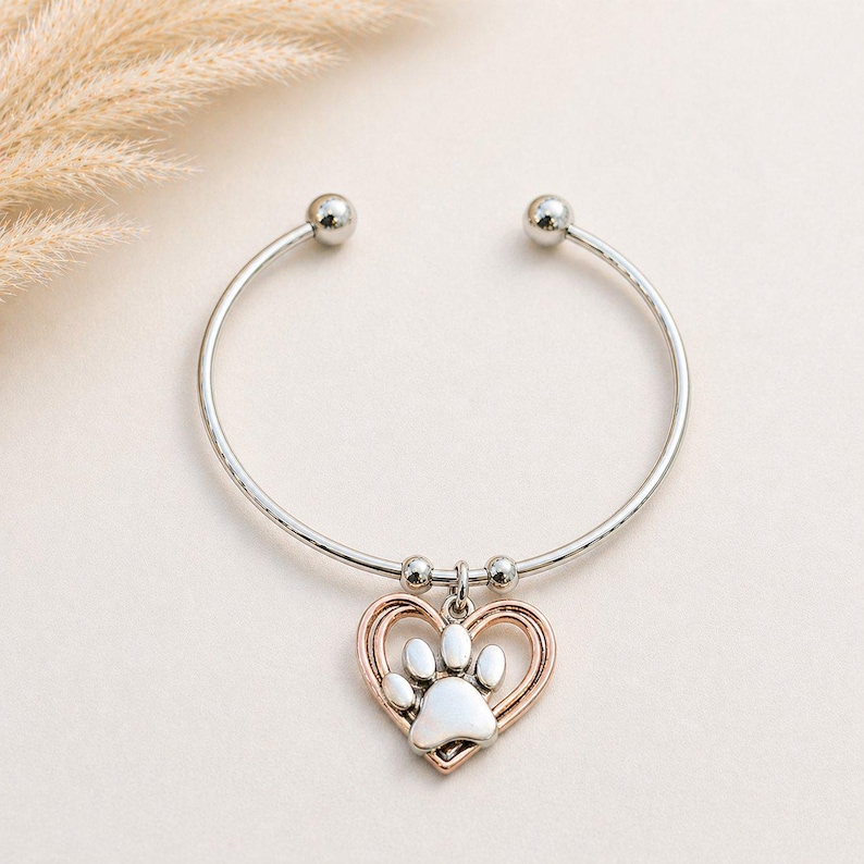 Paw Heart Euro Bangle Cuff, Silver - - LadybugfeetDesigns -
