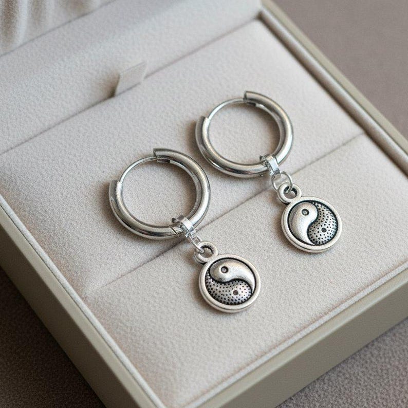 Yin Yang Huggie Hoop earrings, 12mm Hoop Drop - - LadybugfeetDesigns -