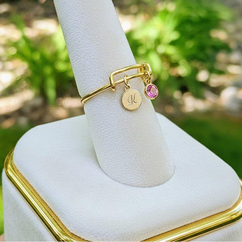 Gold Expandable Initial & Birthstone Charm Ring,Gift for her - - LadybugfeetDesigns -