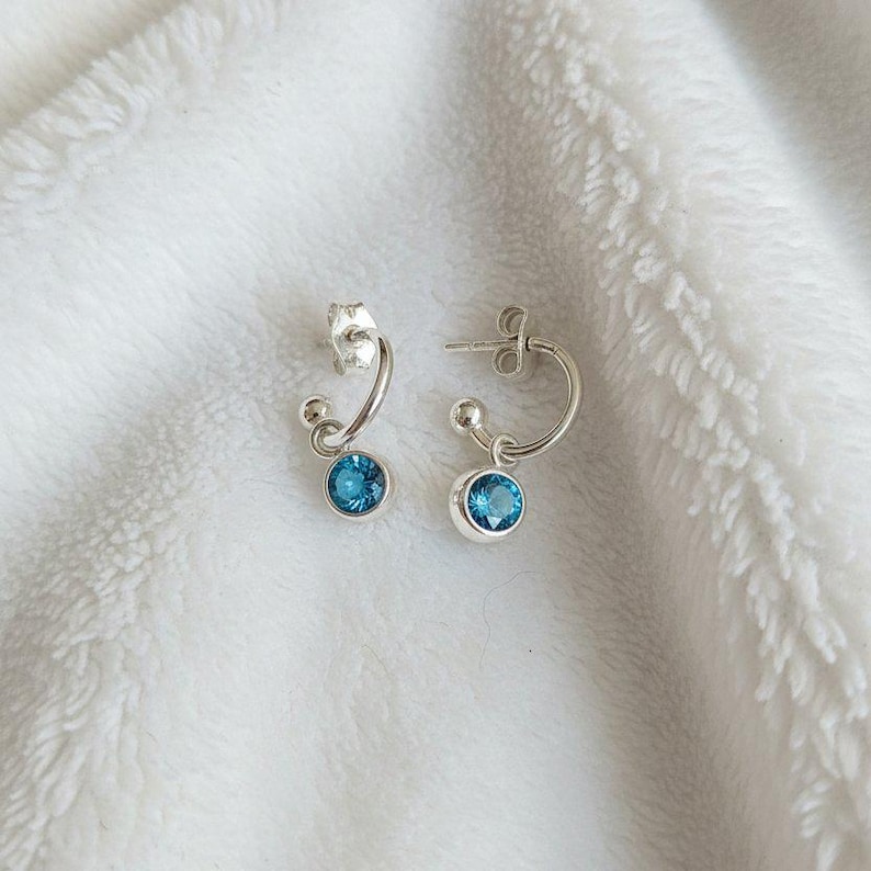 Birthstone Mini Hoop Huggie Earrings - Silver, Hoop Drop - 10mm - - LadybugfeetDesigns -