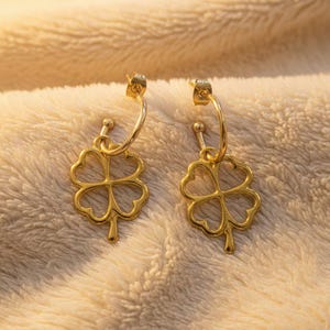 Four Leaf Clover Hoop earrings, Gold - 16mm - - LadybugfeetDesigns -