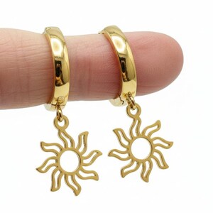 Gold Sun Hoop earrings, 16mm Hoop Drop - - LadybugfeetDesigns -