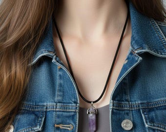 Collier à pendentif pointe de cristal avec pierres précieuses naturelles, 30 pouces