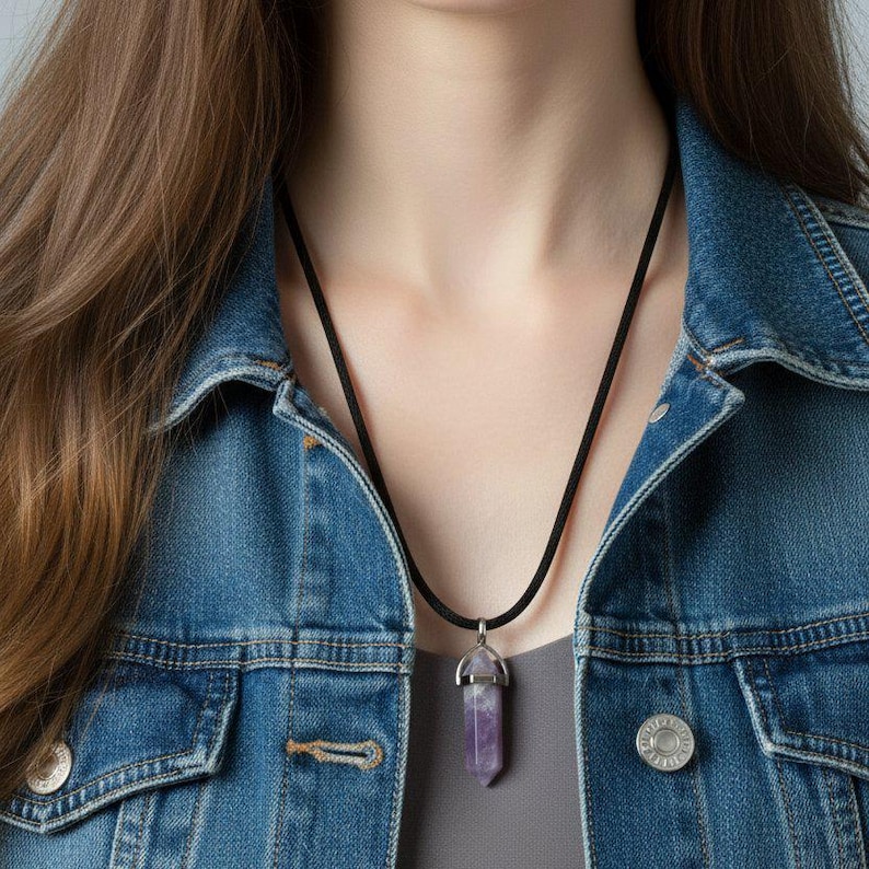 Natural Gemstone Crystal Point Pendant necklace, 30 inch - - LadybugfeetDesigns -