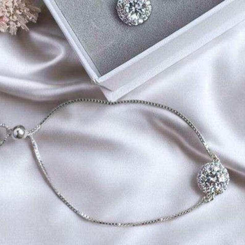 CZ Diamond Halo adjustable Bracelet, Silver - - LadybugfeetDesigns -