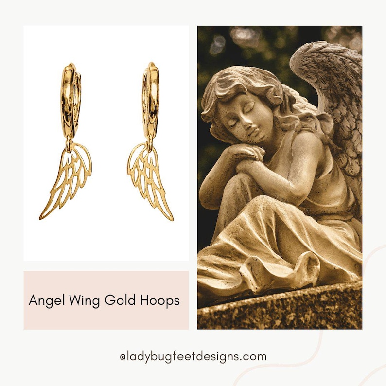 Angel Wing Huggie Hoop earrings, Gold - 15mm - - LadybugfeetDesigns -