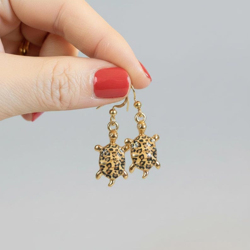 Leopard Skin Turtle Earrings, Gold - - LadybugfeetDesigns -