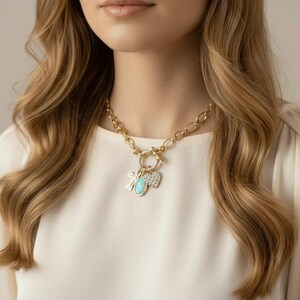 Two Tone Cross, Faux Opal and Heart Shackle Clasp Carabiner Necklace, Gold - 20 inch - - LadybugfeetDesigns -