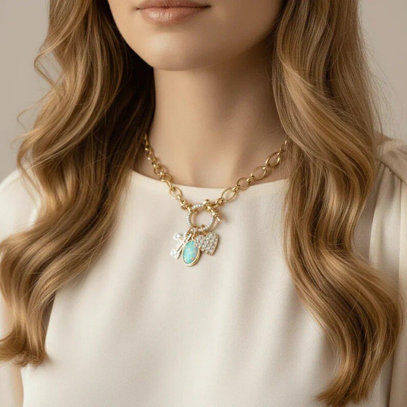 Two Tone Cross, Faux Opal and Heart Shackle Clasp Carabiner Necklace, Gold - 20 inch - - LadybugfeetDesigns -