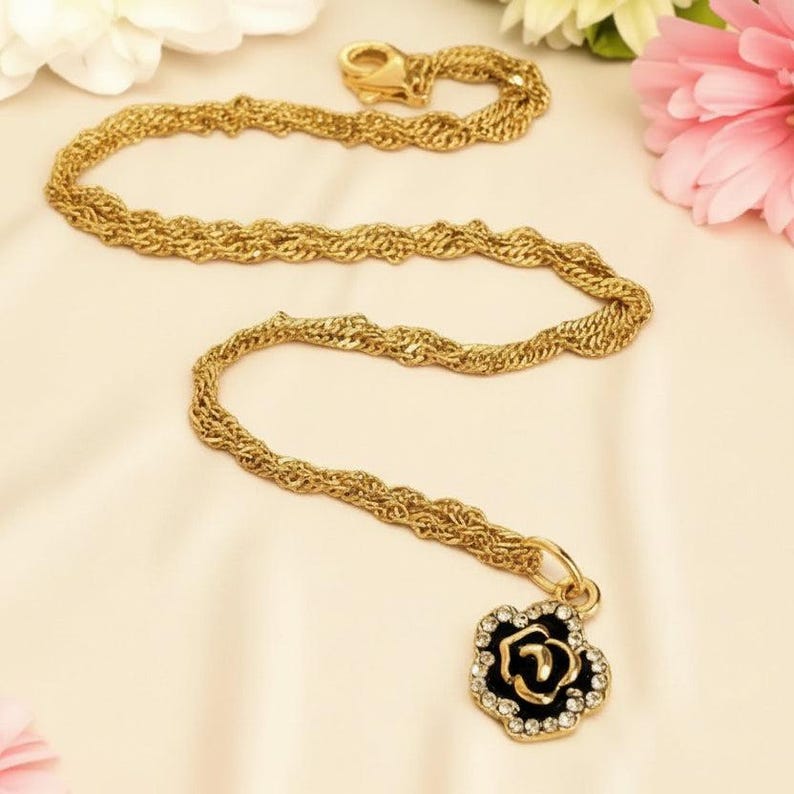 Sparkly Black Rose necklace, Gold- 20 inch - - LadybugfeetDesigns -