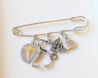 NP - Nurse Practitioner Safety Pin Brooch, Purse Charm