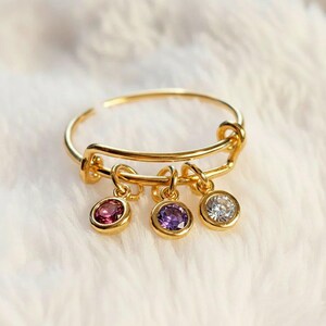 Mother's Birthstone Charm Ring, Adjustable, 14k Gold-Filled - - LadybugfeetDesigns -