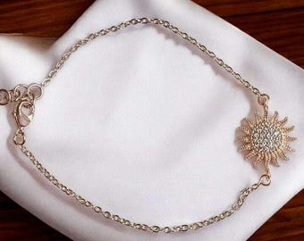 CZ Diamond Starburst Sun Rose Gold Chain Bracelet