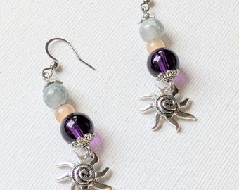 Celestial Sun Beaded Hook Earrings, Silver