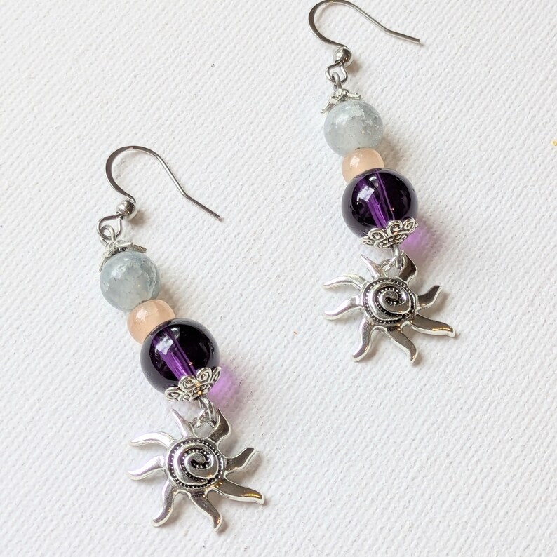 Celestial Sun Beaded Hook Earrings, Silver - - LadybugfeetDesigns -