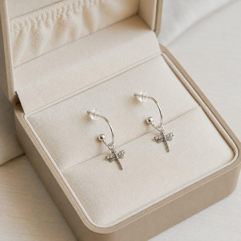 Tiny Dragonfly Mini Hoop Huggie Earrings, Silver- 12mm - - LadybugfeetDesigns -