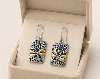 Dragonfly Fancy Tag Earrings, Silver
