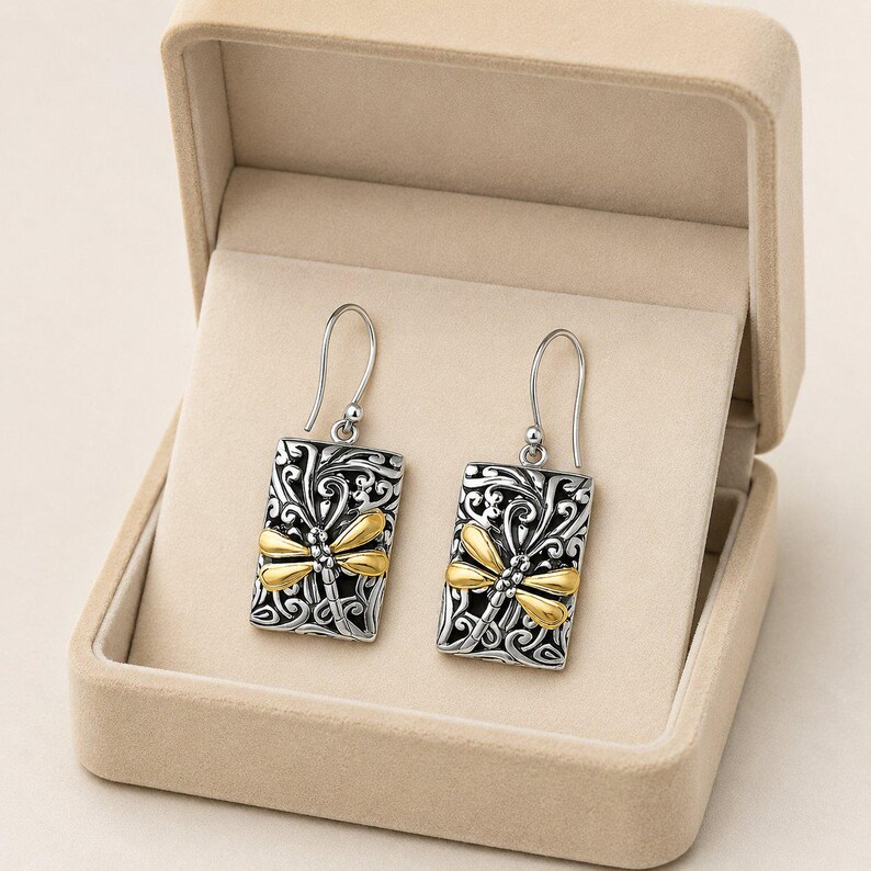 Dragonfly Fancy Tag Earrings, Silver - - LadybugfeetDesigns -