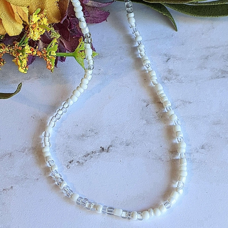 White Beaded Choker Necklace - 16 inch - - LadybugfeetDesigns -
