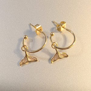 CZ Whale/Dolphin Tail Hoop Earrings, Gold - 16mm - - LadybugfeetDesigns -