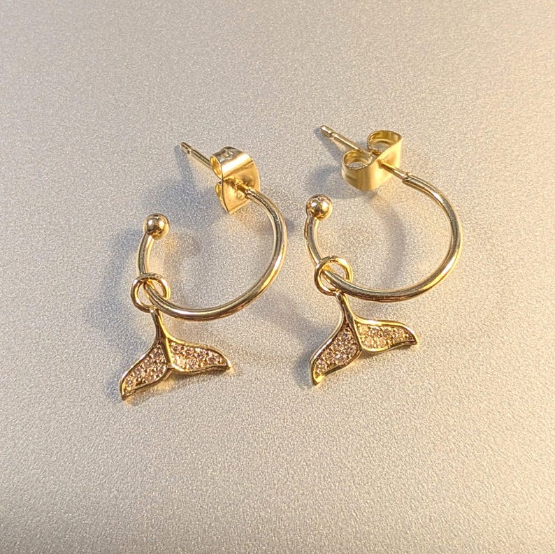 CZ Whale/Dolphin Tail Hoop Earrings, Gold - 16mm - - LadybugfeetDesigns -