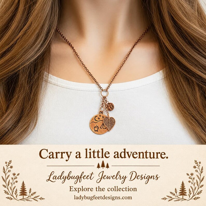 Camping Charm Keeper Necklace, Antique Copper - 18-24 inch - - LadybugfeetDesigns -