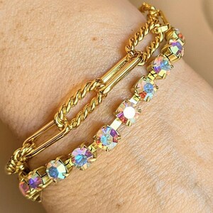 Gold Paperclip Layered Faceted Crystal Bracelet - - LadybugfeetDesigns -