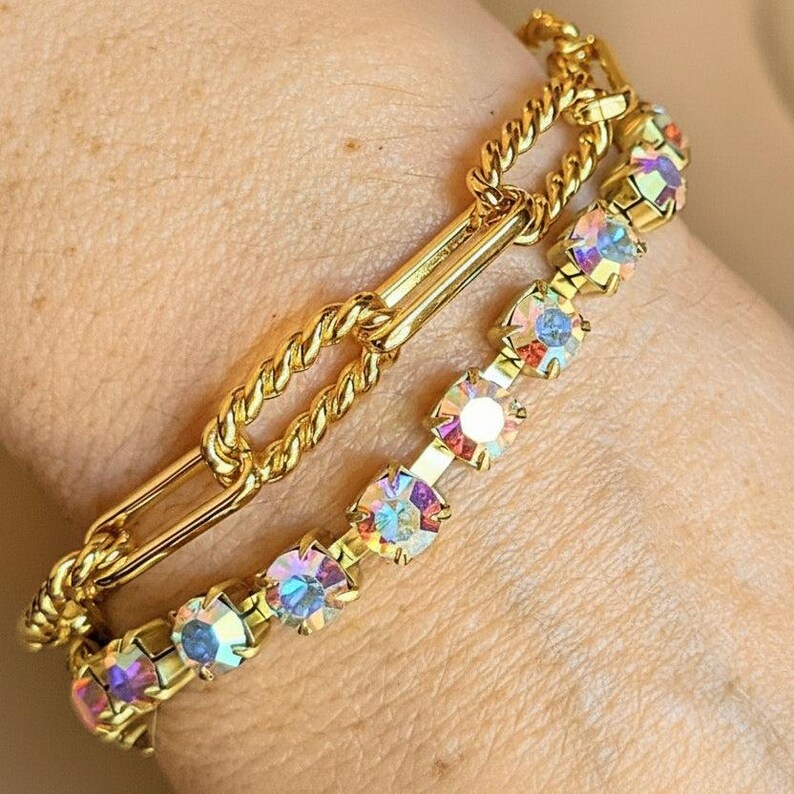 Gold Paperclip Layered Faceted Crystal Bracelet - - LadybugfeetDesigns -