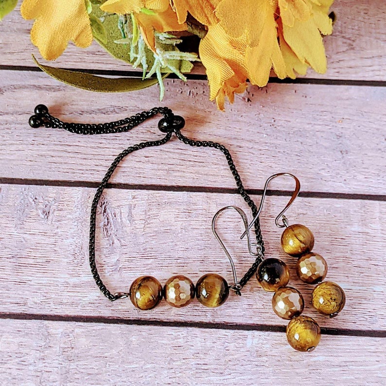 Golden Tiger's Eye Bracelet/Earring Set - - LadybugfeetDesigns -