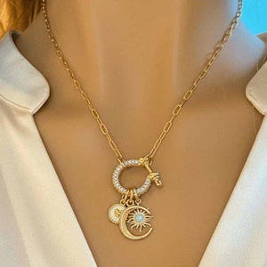 Opal Sun, Crescent Moon and Heart Shackle Clasp Carabiner Necklace, Gold - Adjusts up to 20 inches - - LadybugfeetDesigns -