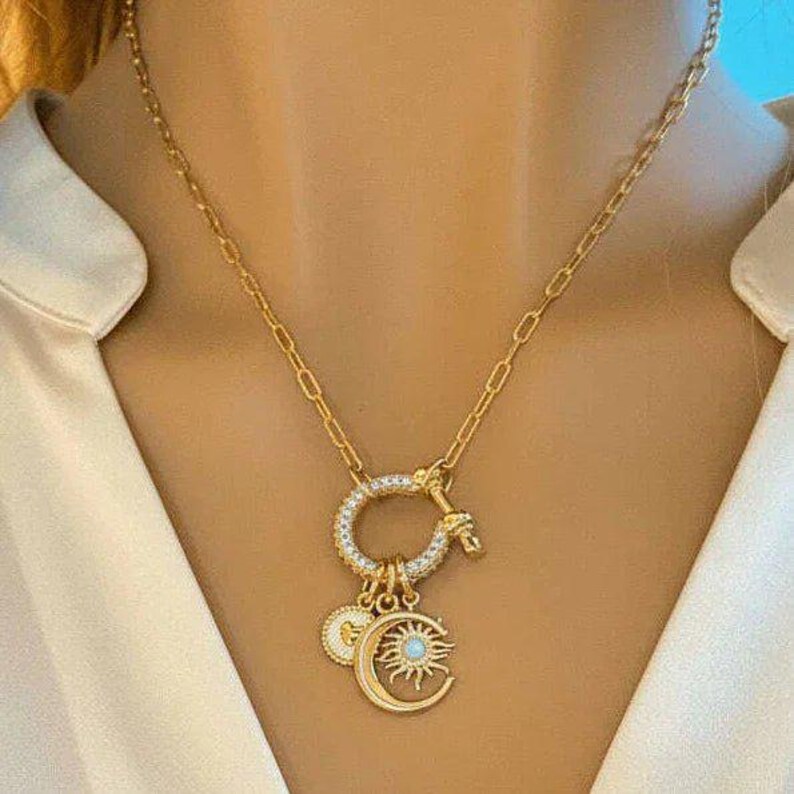 Opal Sun, Crescent Moon and Heart Shackle Clasp Carabiner Necklace, Gold - Adjusts up to 20 inches - - LadybugfeetDesigns -