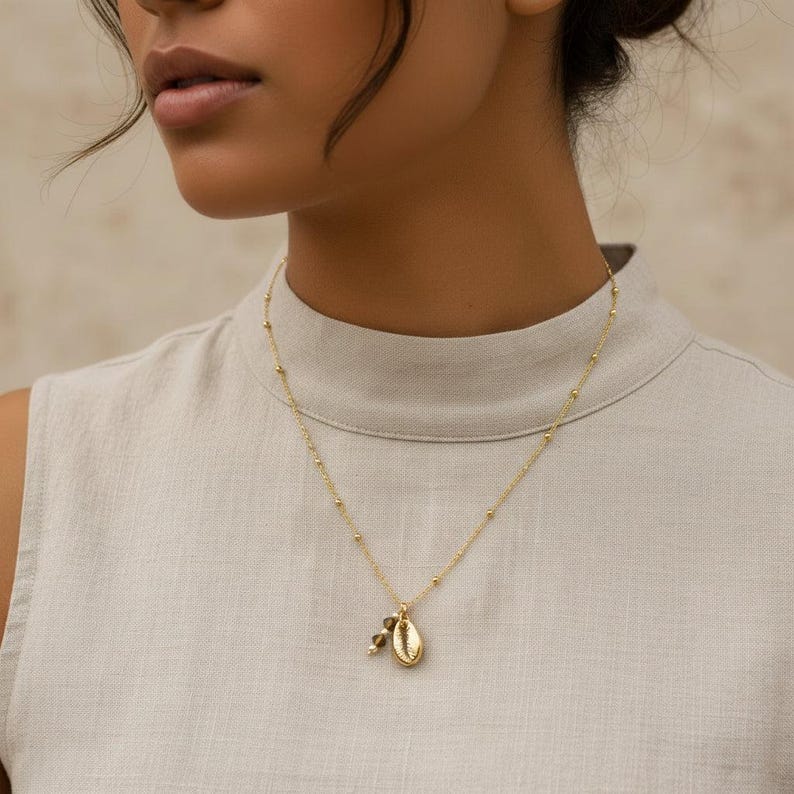 Cowrie Shell Crystal charm necklace and Earring set, Gold - - LadybugfeetDesigns -