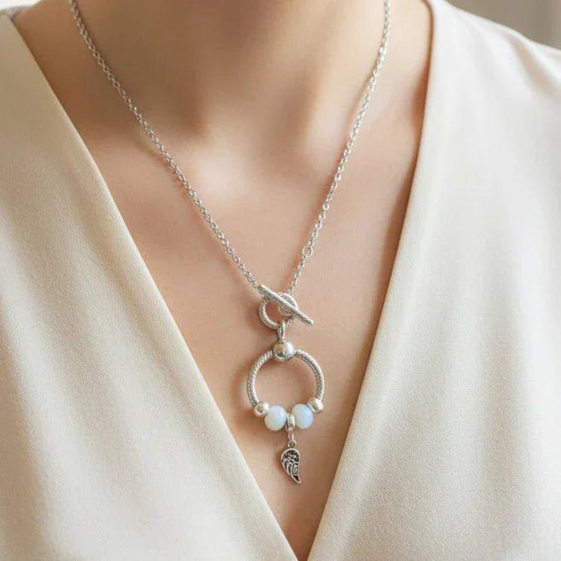 Angel Wing Sterling Silver Toggle Charm Necklace, 20 inches - - LadybugfeetDesigns -