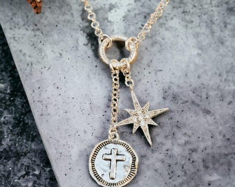 Cross North Star Charm Keeper Necklace - 18-24 inch
