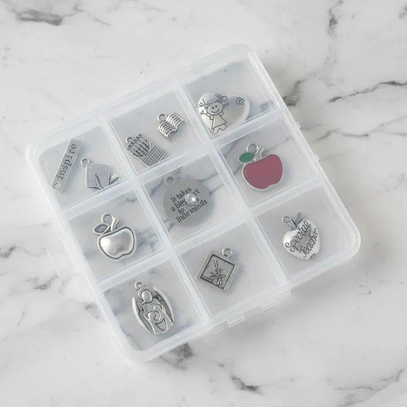 Teacher Charm Box - 11 pc., Silver - - LadybugfeetDesigns -